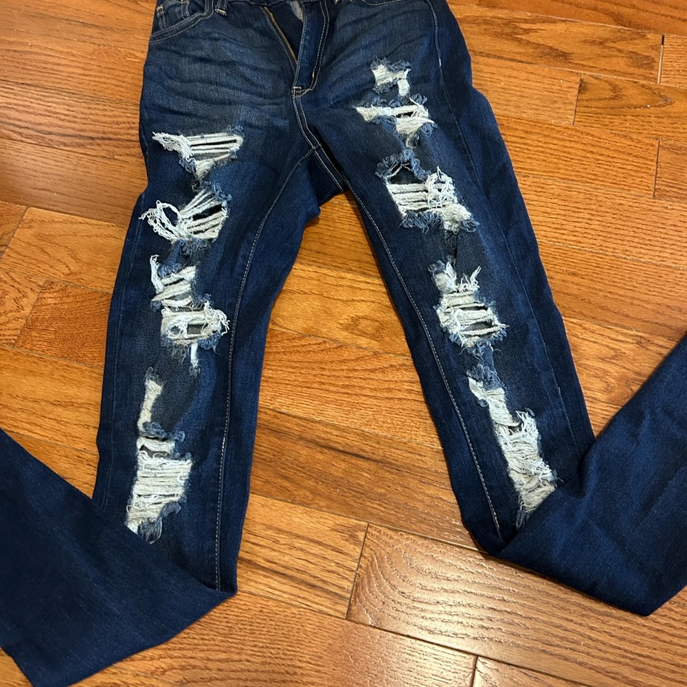 Fashion Nova Dark Blue Distressed Skinny Jeans